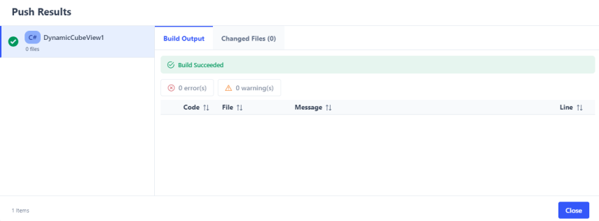 The Push Results window dispalys a successful build 